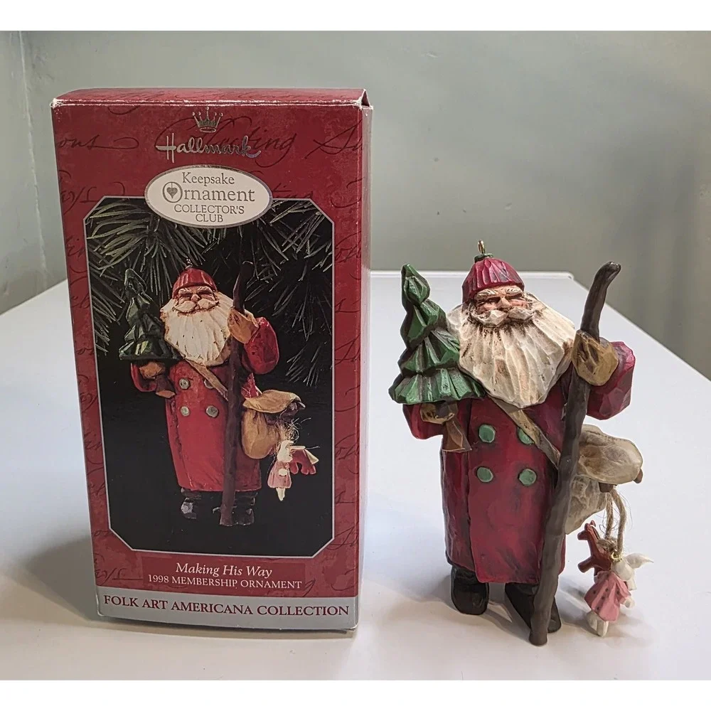 Vintage Hallmark 1998 Santa Ornament Folk Art Americana Club Boxed Christmas Dec